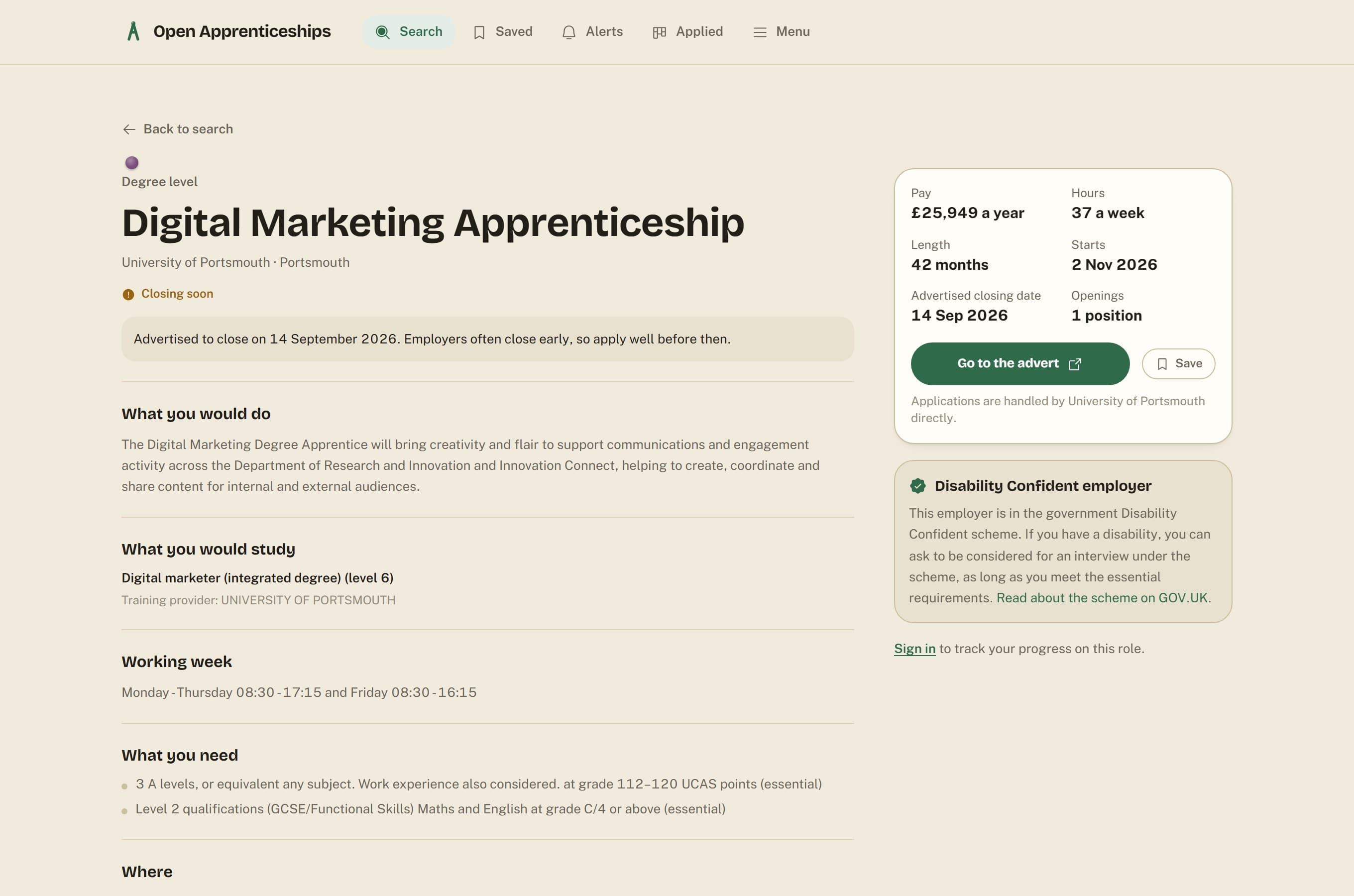An apprenticeship page. Under the title, a plain sentence reads: Advertised to close on 14 September 2026. Employers often close early, so apply well before then.