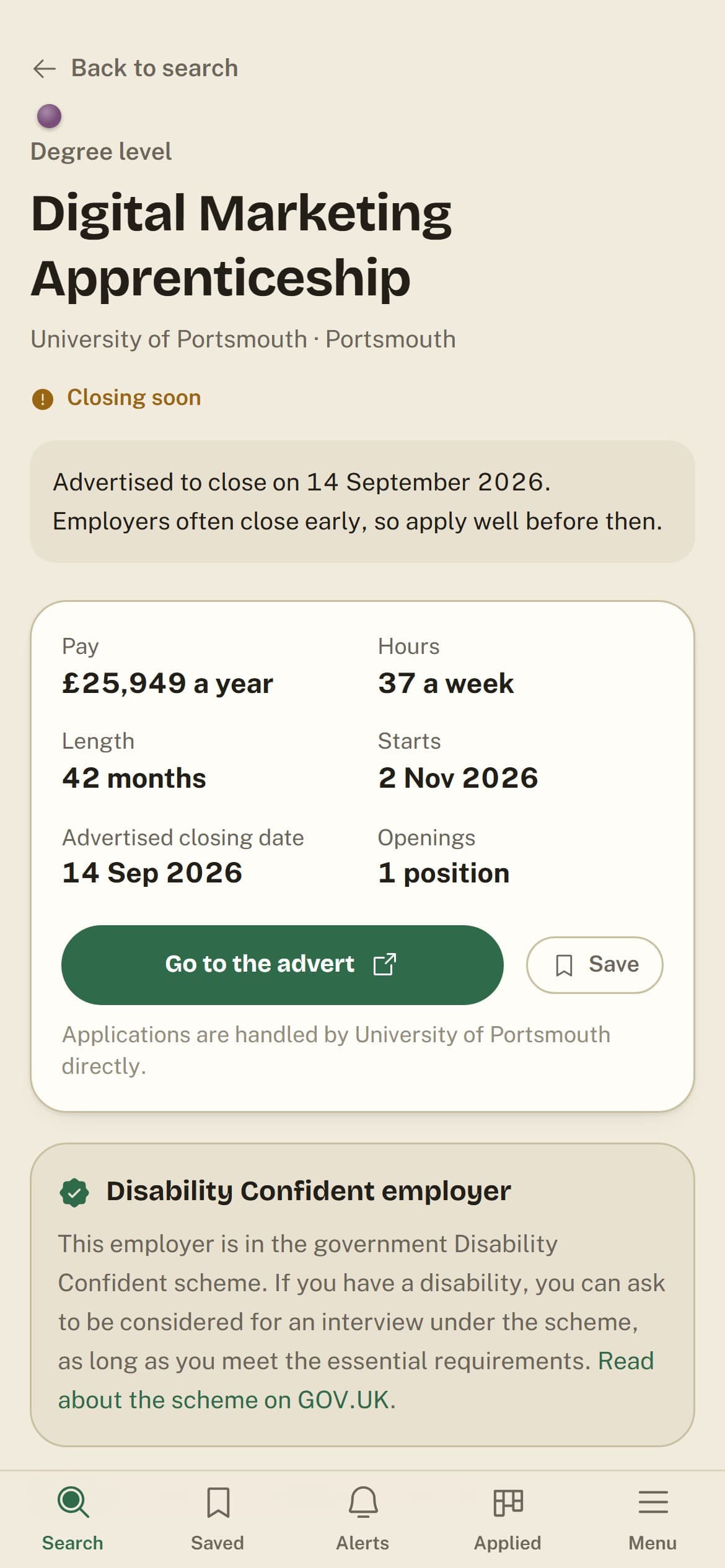 The same apprenticeship page on a phone.