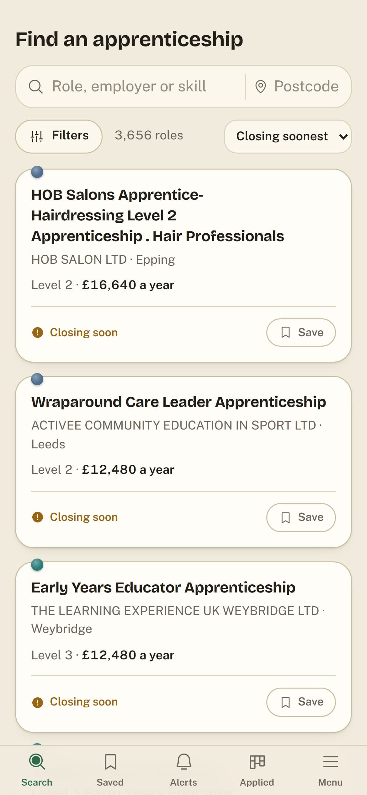 The same search on a phone: a single column of cards and a bottom tab bar.